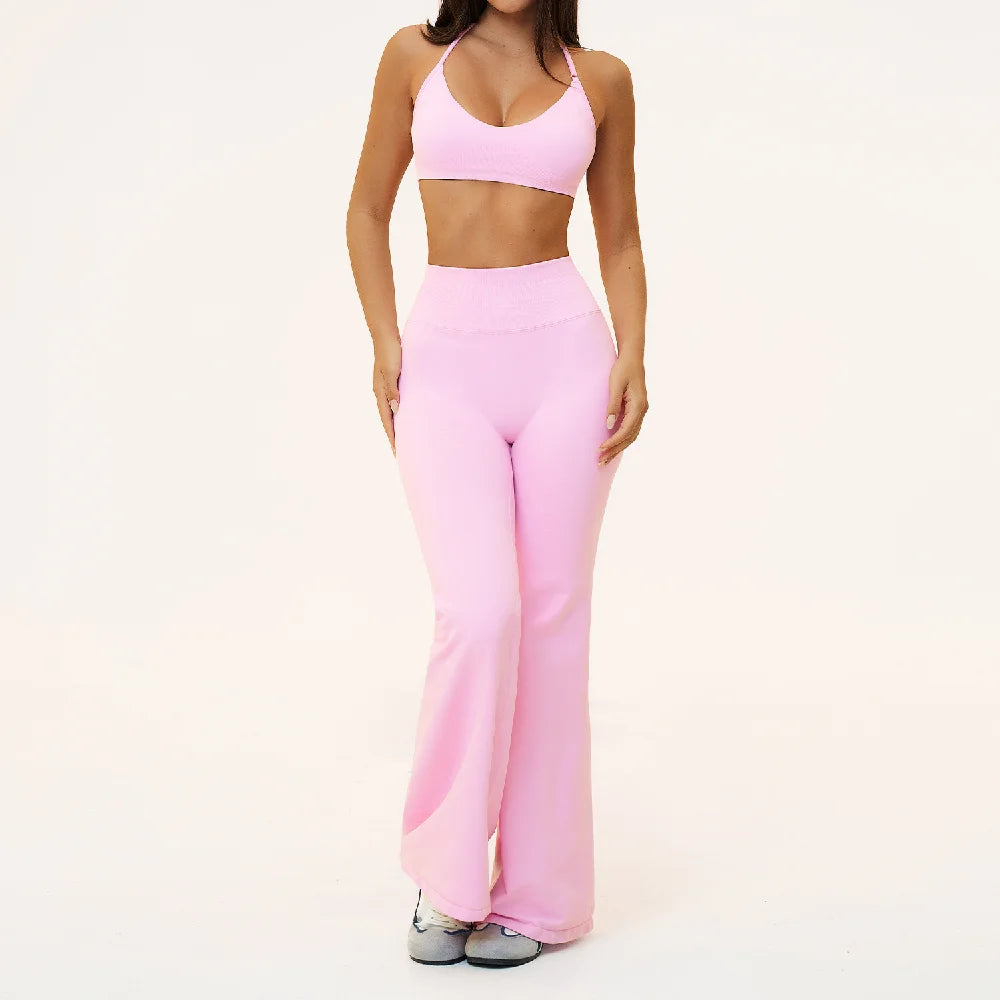 Seamless Yoga Suit 2PCS Women Tracksuit Sports Outfits Gym Workout Clothes Breathable Sports Bra Flared Pants Suit Yoga Clothing