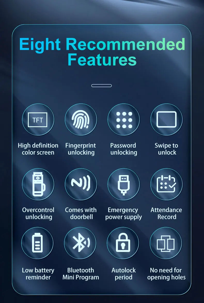 Electronic Digital Lock Fingerprint Glass Door Lock Bluetooth HAHA-Lock App Passcode IC Card Keyless Smart Phone Attendance Lock