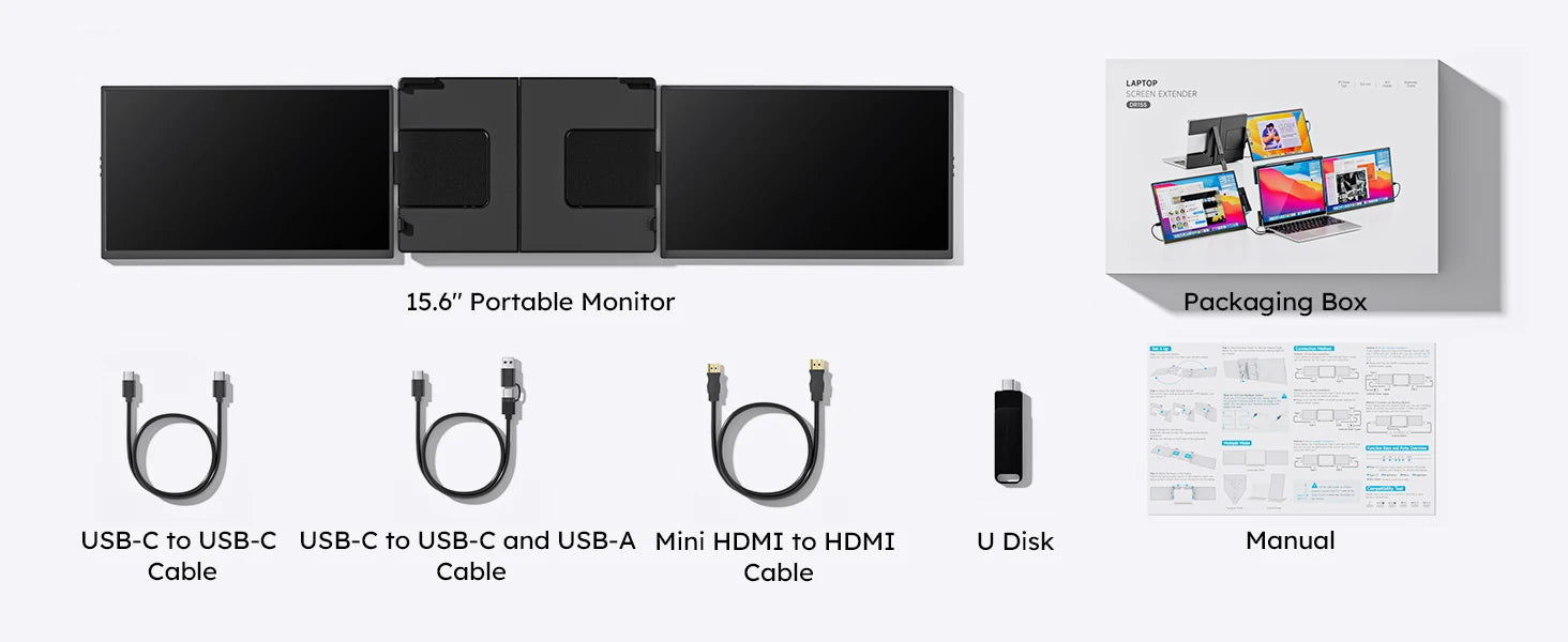 15.6inch Triple Screen Extender For Laptops 1080P FHD IPS Portable Dual External Monitors For Macbook Windows Extension 13-17"