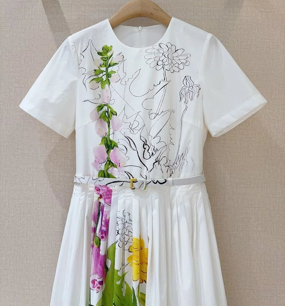 Top Quality New 2026 Spring Summer Dress Women Green Leaves Floral Print Pocket Patchwork Short Sleeve Mid-Calf White Dress