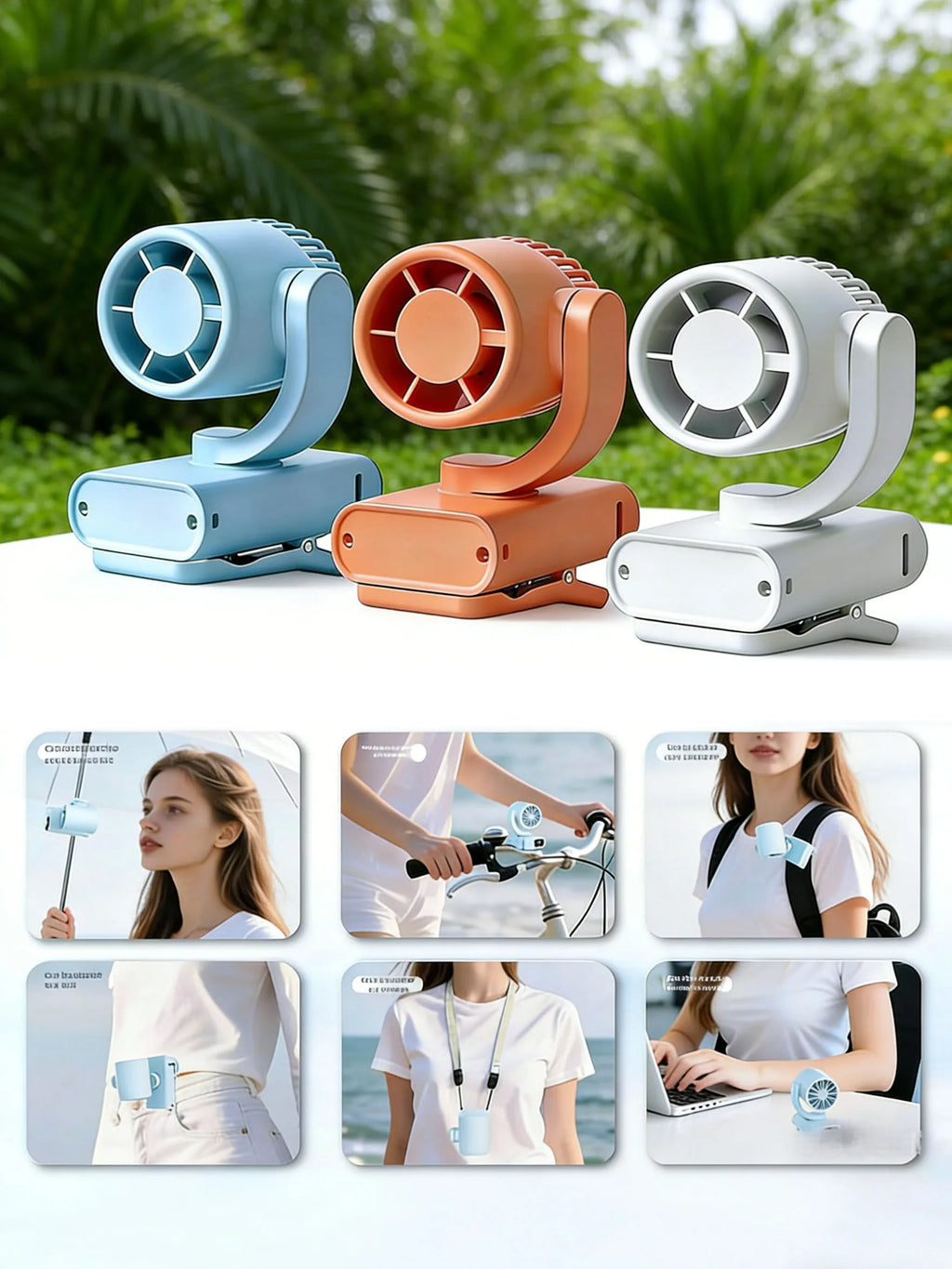 Portable rechargeable clip-on fan, rotating hanging fan with air-cooling function, suitable for outdoor and camping use. The fan