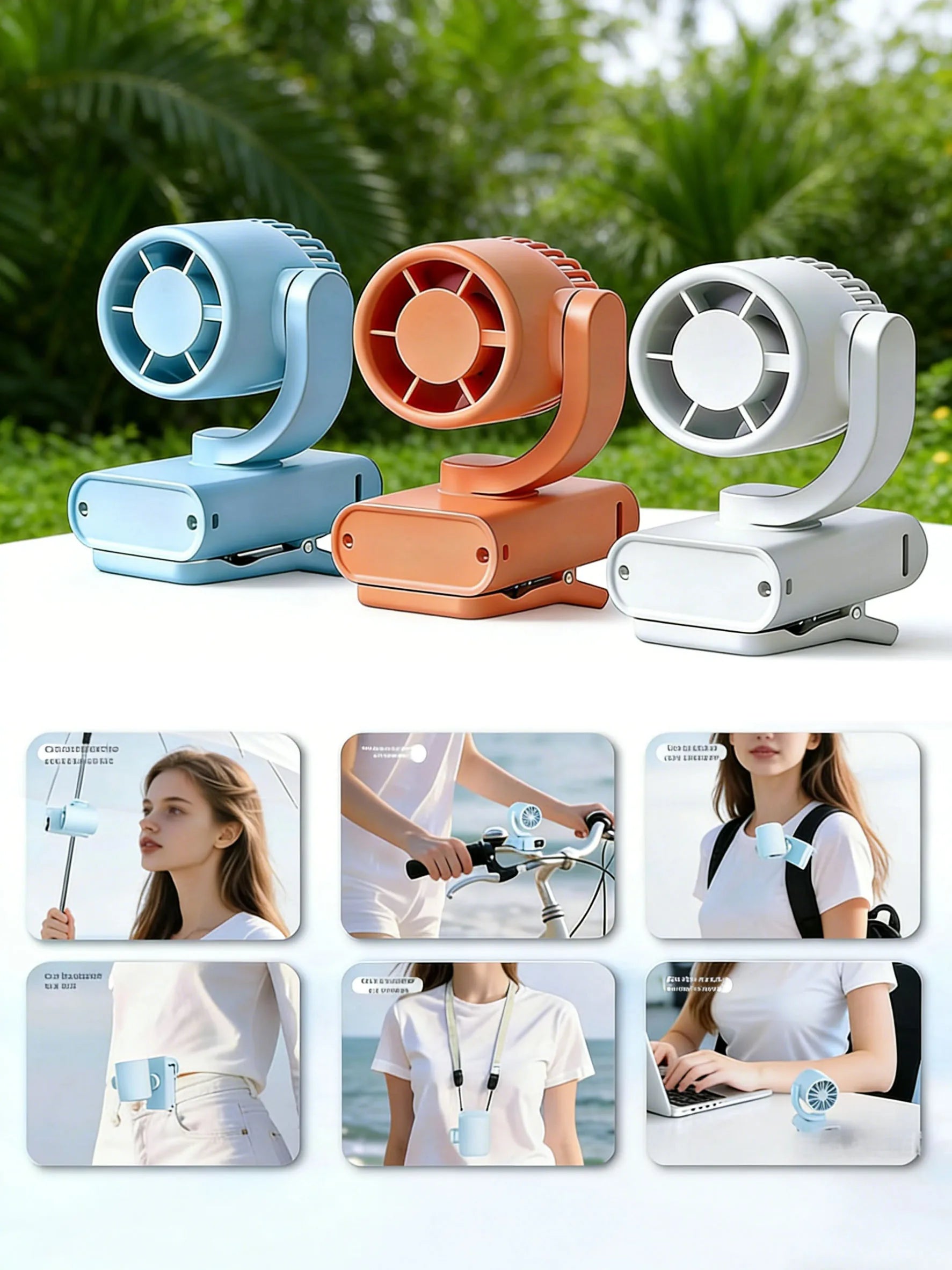 Portable rechargeable clip-on fan, rotating hanging fan with air-cooling function, suitable for outdoor and camping use. The fan