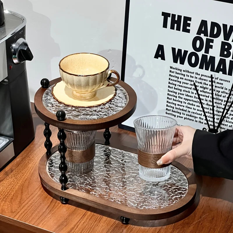 Retro Desktop Storage Rack Wood 2layer Cup Holder Shelf Desktop Organizer Countertop Porch Storage for Bathroom Porch Office