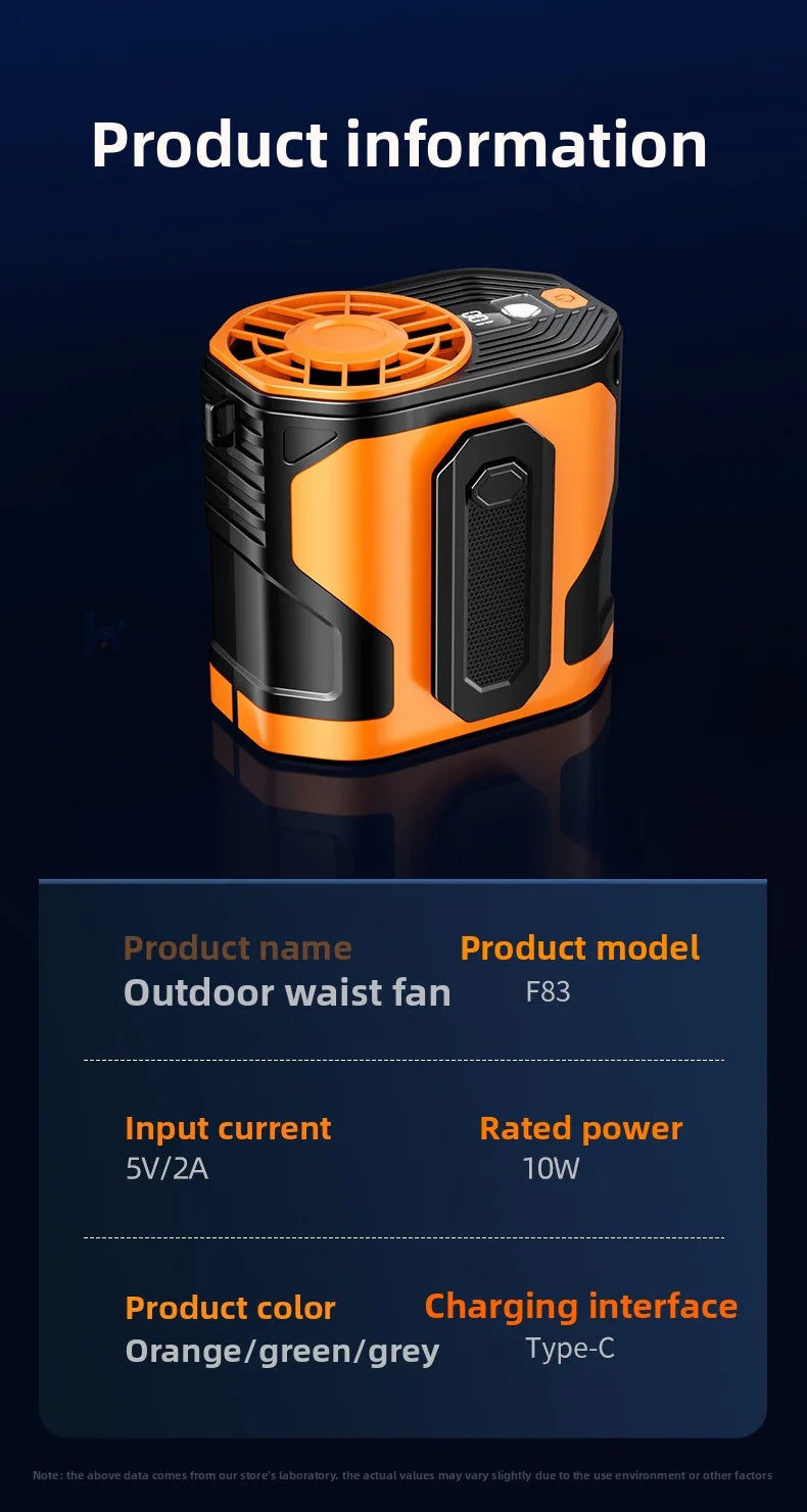 Waist-mounted electric fan with digital display, portable, suitable for outdoor travel, low noise, strong wind, neck-hanging fan