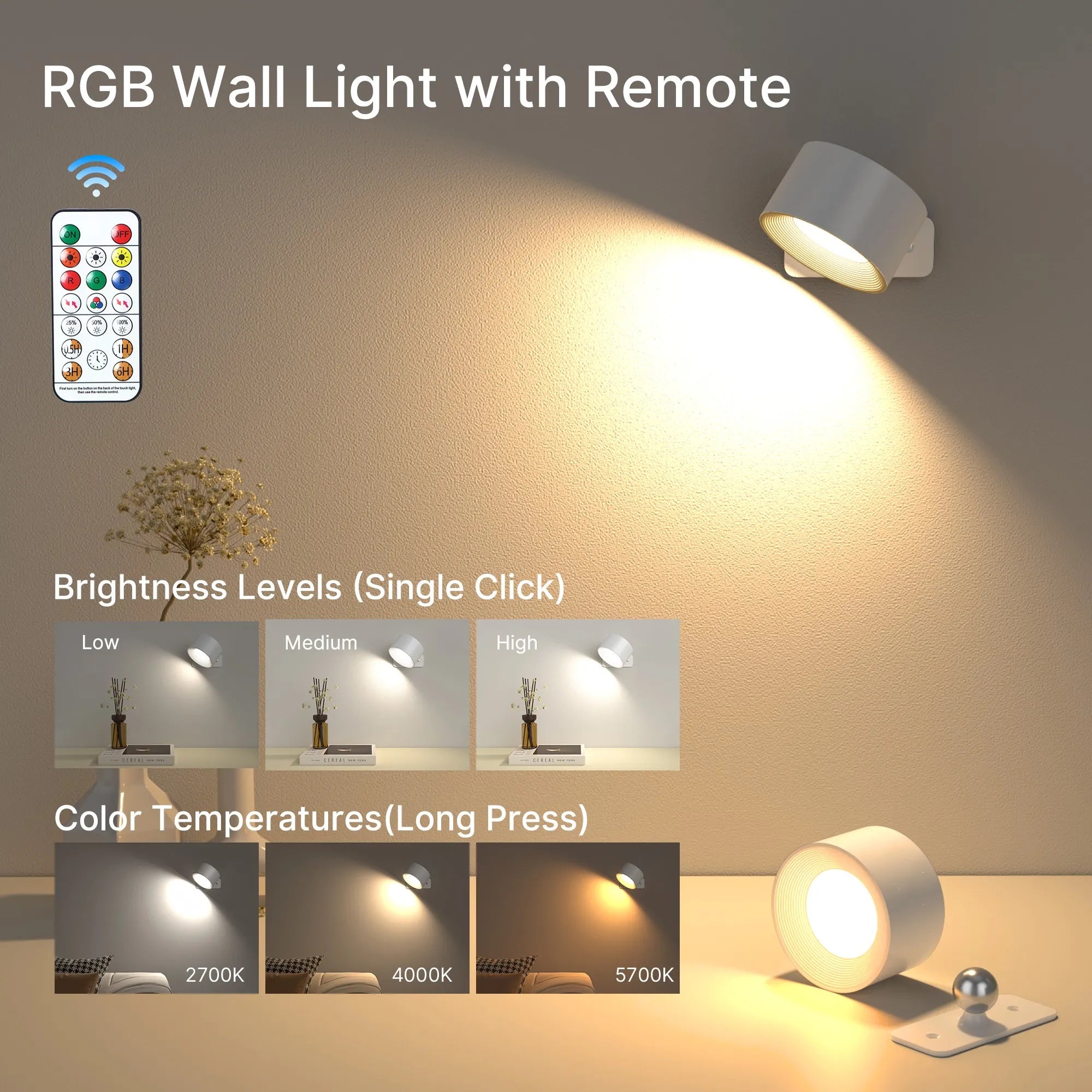 RGB Wall Lights with Remote and 19 Colors, 360° Rotation & 2000 mAh Battery, Dimmable Brightness &Touch Control for Bedroom/Gift