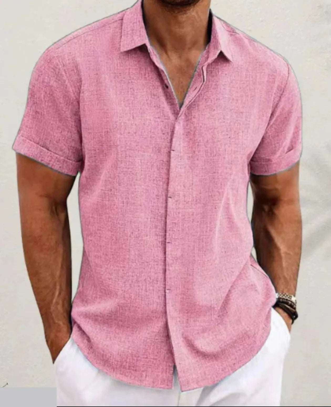 Men's Casual Beach Lightweight Linen Sve Shirt Color Standard Fit Short Sleeve Cleanfit PU Leather Inner Wear Pure Color