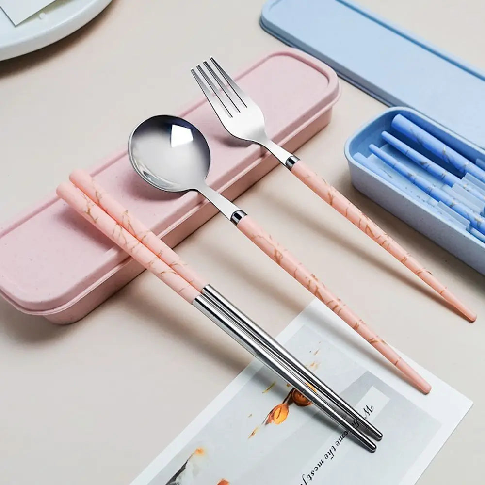 Kitchen Accessories Reusable With Box Tableware Portable Stainless Steel Spoon Fork Chopsticks Set Dinnerware Cutlery Set