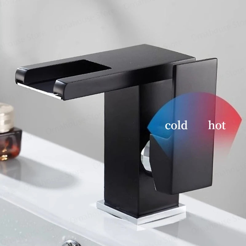 Black Bathroom Sink Faucet Single Hole Cold and Hot Water Mixing Valve Faucet 3 Colors Changing Color Changing Waterfall Faucet