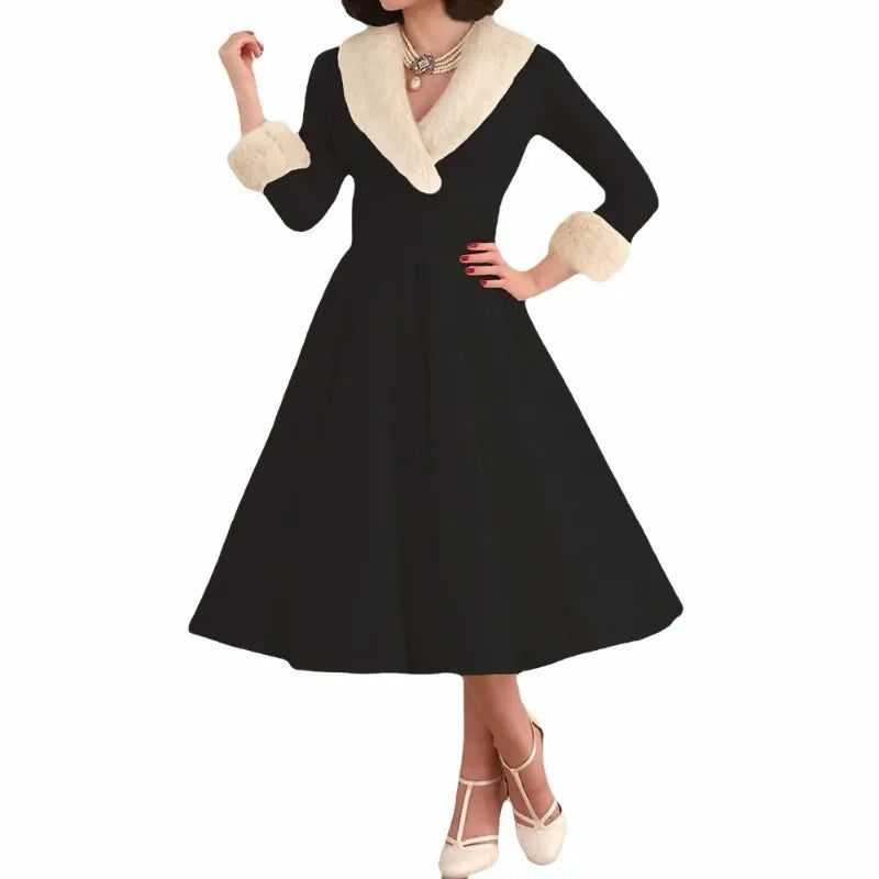2024 Retro Temperamental Women Christmas Dresses Vintage V-Neck High Waist Long Dress Raw Edge Patchwork Large Swing Party Dress