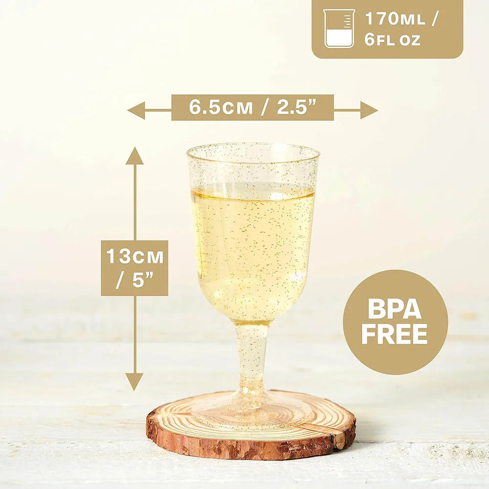 6oz Plastic Wine Glasses, Gold Glitter Wine Glasses, Plastic Wine Cups Reusable Plastic Goblets for Cocktail Parties,Weddings
