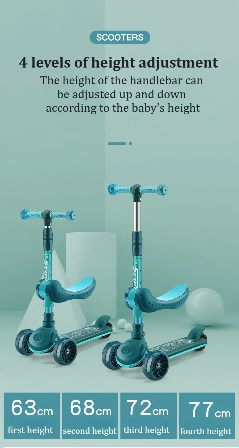 2-in-1 Scooters Kids 3 Wheel Kick Scooter for Boys Girls Adjustable Height & Seat Non-Slip Deck Sit or Stand Ride with Brake