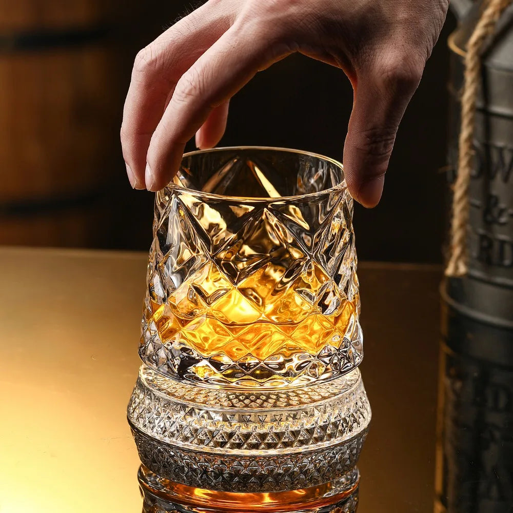 Tumbler Whiskey Glass with Base Crystal Whiskey Glasses Rotating Spinning Wine Brandy Glass Cup Drinkware for Bar Home