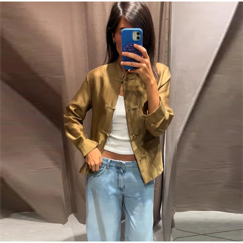 Loose Women's Frog Buttons Mandarin Shirts See Through Stand Collar Full Sleeve Blouses 2026 Summer Lady Cotton Linen Outwear