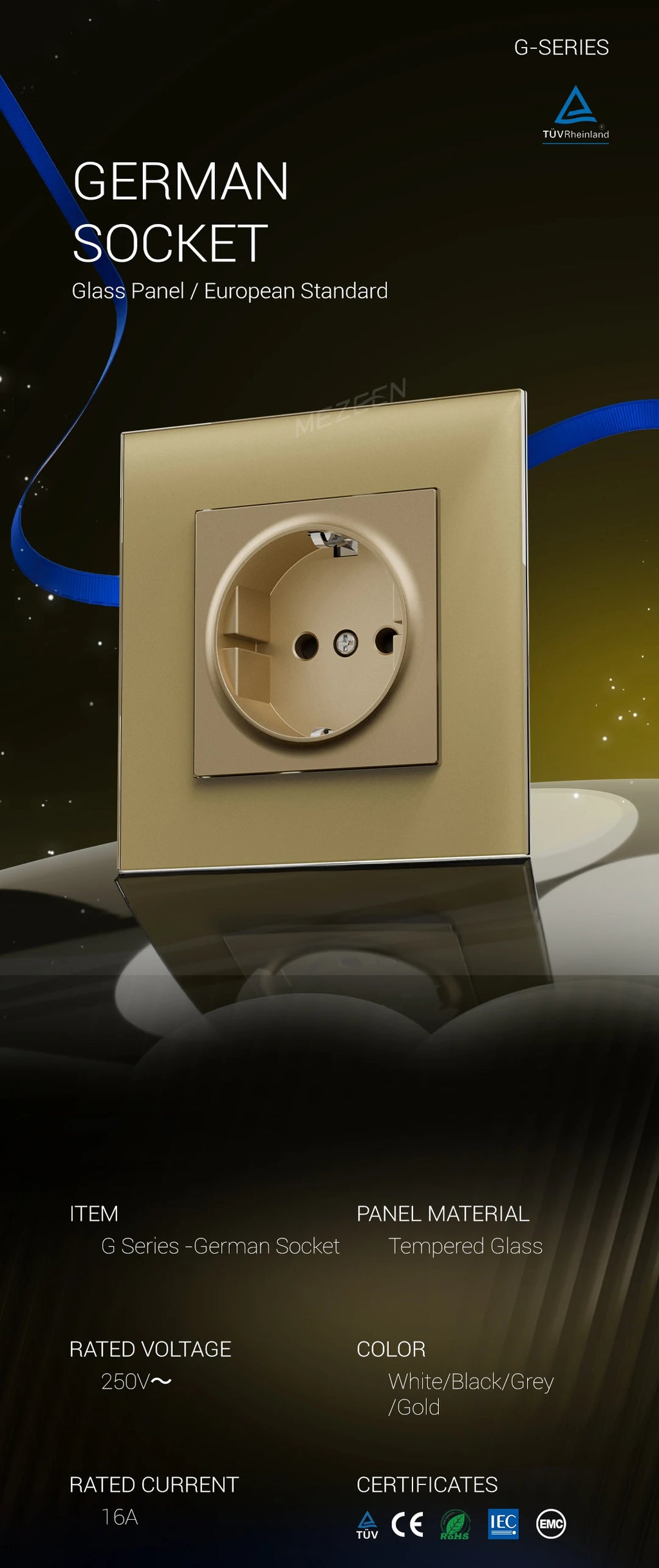 Factory Direct Selling High Quality EU Standard 10 /16Amp Electric Luxury Tempered Glass Light Wall Switch and Socket