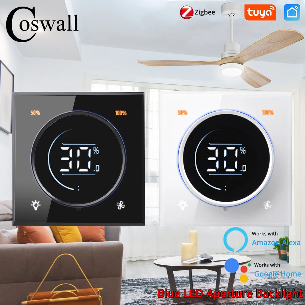 Glass Panel Wifi/Zigbee2MQTT Smart Light Switch With Knob Fan Controller 300W Max.  Digital LCD For Ceiling Fan Lamp