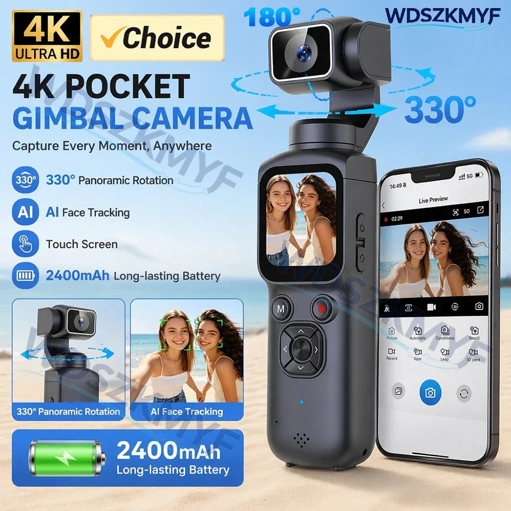 UHD 4K Action Camera With 330° Face Tracking Gimbal Stabilizer Pocket Camera for Vlog Outdoor Travel Handheld Video Recorder