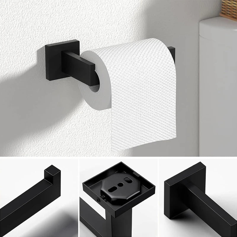 Bathroom Hardware Set Matte Black SUS304 Stainless Steel Toilet Paper Holder Robe Hook Towel Bar Modern Square Wall Mount