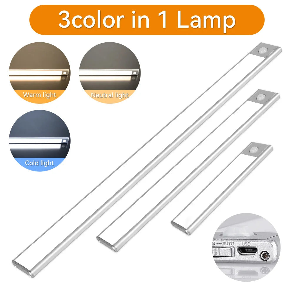 Night Light Under Cabinet Lights Ultra Thin LED Light Motion Sensor Wireless Rechargeable 3 Color For Kitchen Bedroom Lighting