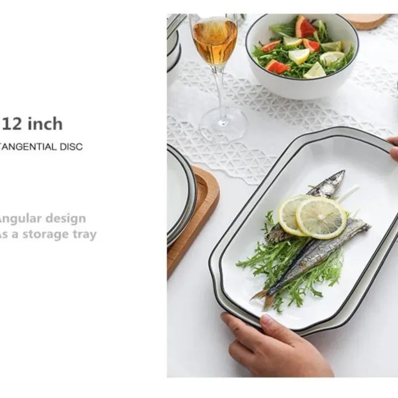 White With Black Dinner Plate Set Ceramic Serving Tray Food Dishes Rice Salad Noodles Bowl Soup Kitchen Dinnerware