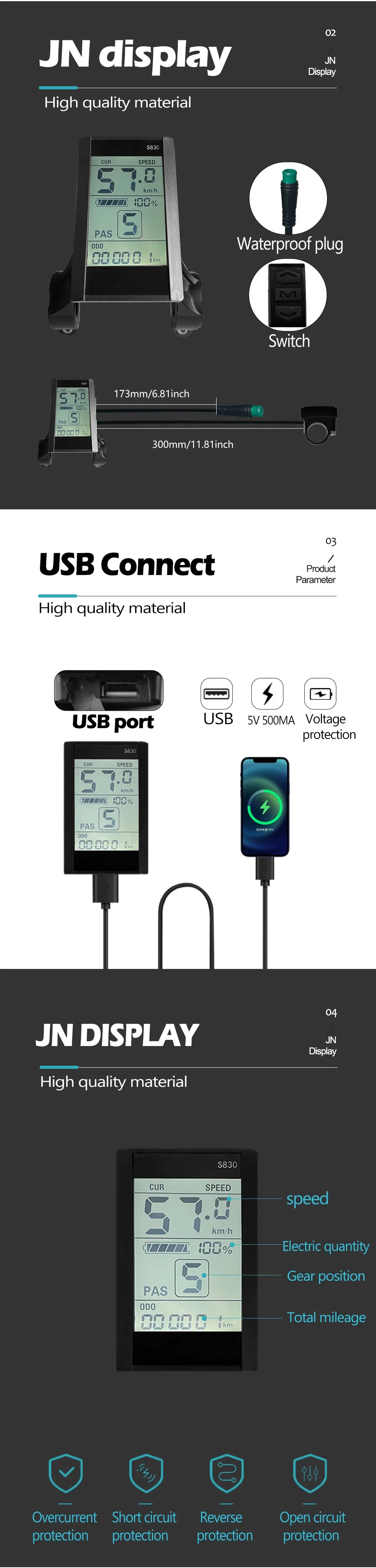 250W-750W Brushless For Electric Bike Controller LCD Panel Scooter EN06 S830 S866 JN Controller 15A 25A WP Plug Square Wave GD06