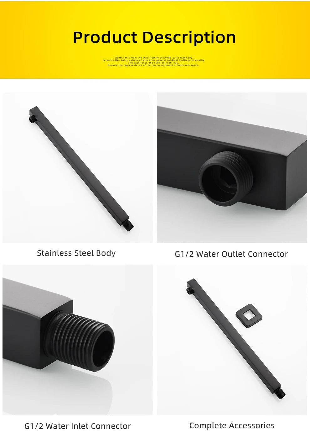 Ciencia 304 Stainless Steel Square Shower Arm G1/2 Bathroom Shower Arm Wall Mounted for Fixed Rain Shower Head