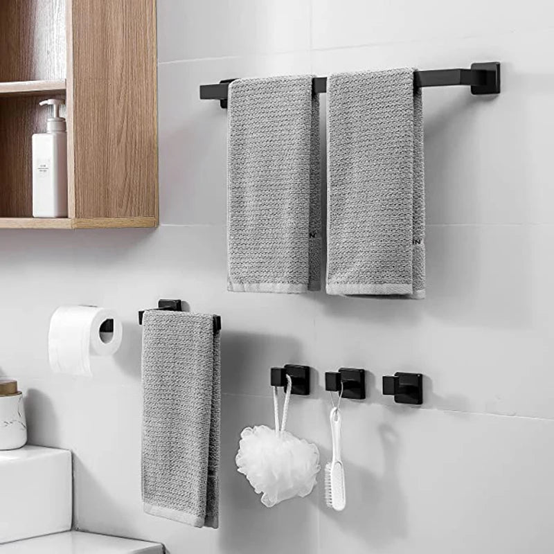 Matt Black Bathroom Hardware Set Kit Accessories Wall Shelf Towel Bar Rack Rail Robe Hanger Toilet Brush Roll Paper Holder Dish