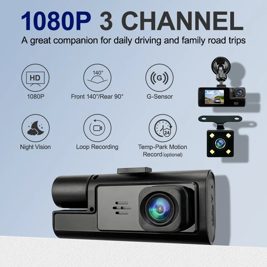 HD 1080P Car DVR Dash Cam with 3 Lens Wide Angle Night Vision G-Sensor Loop Recording for Front Inside and Rear Vehicle Camera