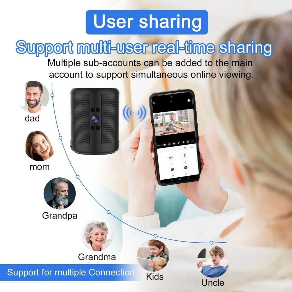 Mini Home Security Surveillance Camera, 4K HD, WiFi, Bluetooth Speaker, Two-Way Remote Intercom, Night Vision Cam,  Battery