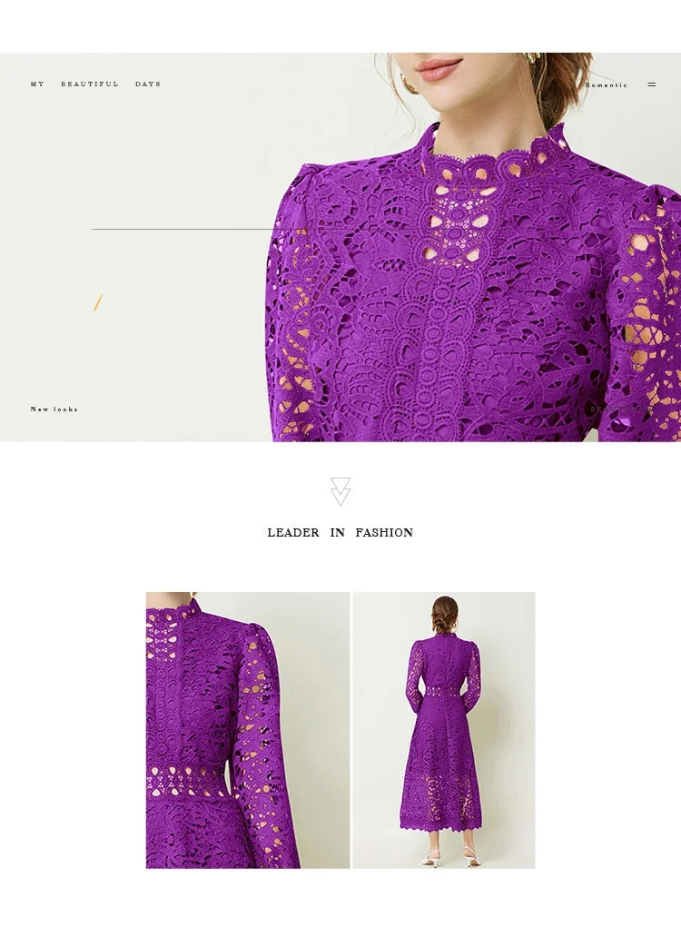 Solid Lace Holloe Out Slimming Elegant Dresses For Women Stand Collar Long Sleeve High Waist Minimalist Dress Female Fashion