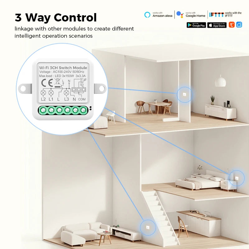 Avoir Tuya Smart Life Home Control Mini Wifi Module Wireless Gold Light Switches 1-4 Gang 2 Way Alexa Rocker Toggle Switch 220V