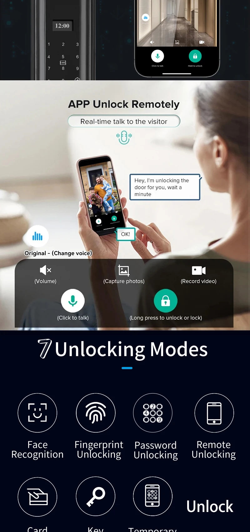 3D Real-time Intercom Face Recognition Digital Door Lock With Camera FIngerprint Password Unlock Keyless Electronic Door Lock