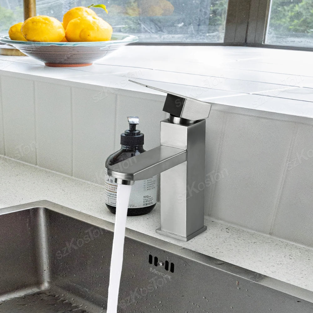Bathroom Faucet Hot Cold Sink Faucet Single Hole Round/Square Stainless Steel Tap Deck Mounted Bathtub Counter Basin Faucet