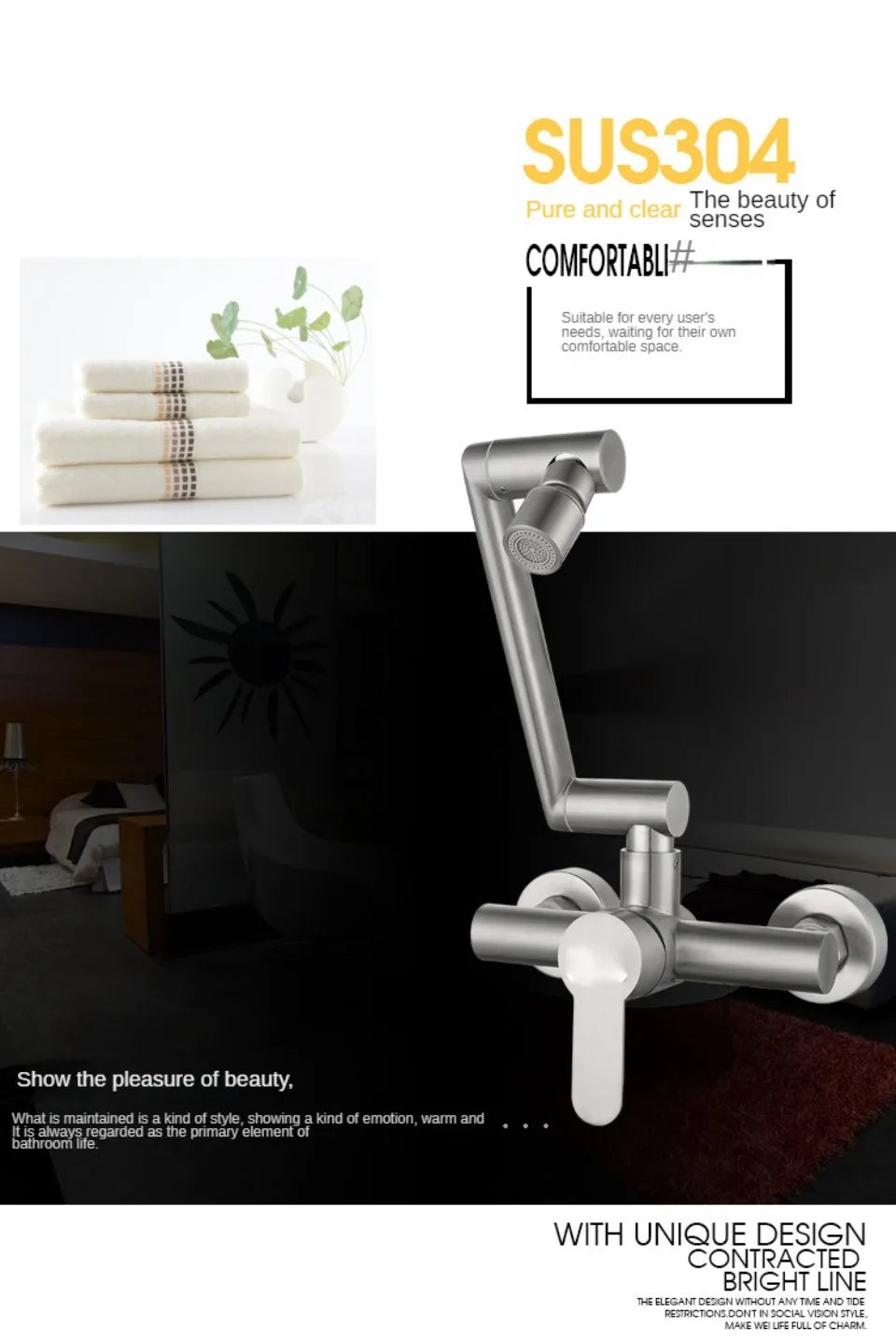 Stainless Steel Foldable Basin Faucet Wall Mounted Bathroom Kitchen Sink Washbasins Cold Hot Water Mixer Tap 360 Degree Swivel