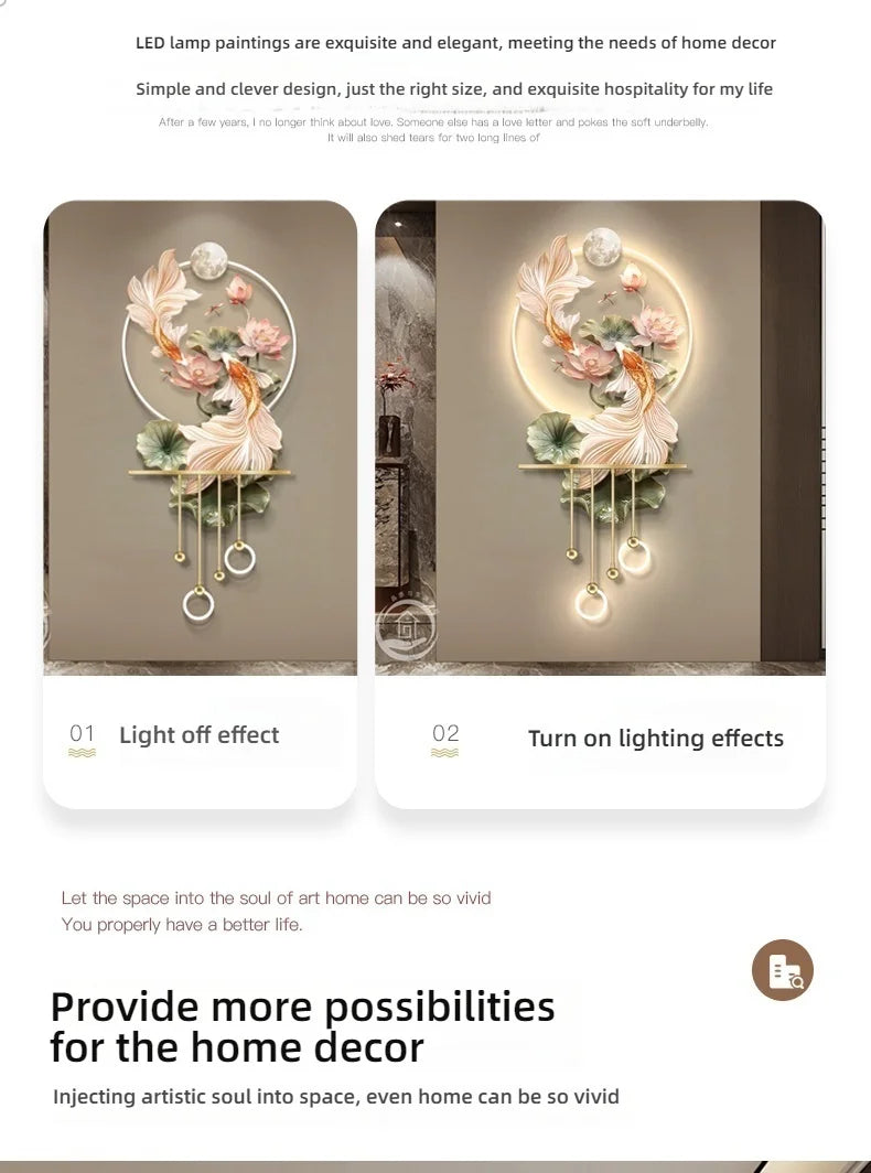 Modern Light Luxury Entrance LED Decorative Painting Koi Carp Home Decoration Living Room Bedroom Sofa Wall Corridor Mural Light