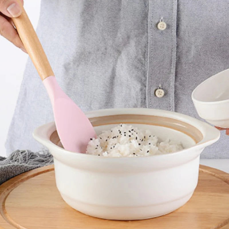 1Pc Silicone Spatula Scoop With Wooden Handle Salad Agitator Pot Scoop Home Cooking Utensils Kitchen Gadgets