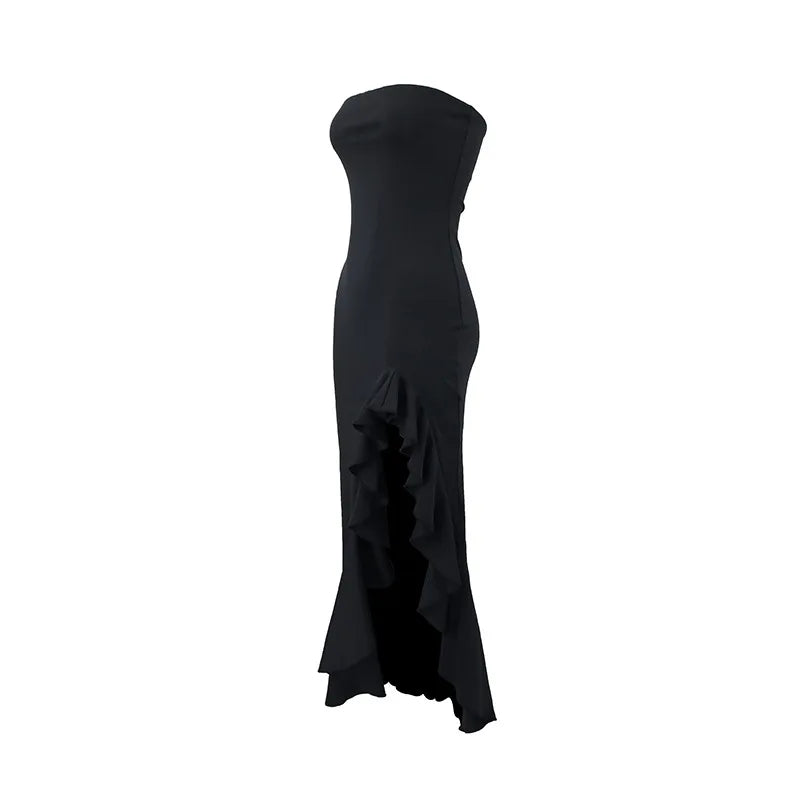 Fashion Off-shoulder Strapless Backless High Split Maxi Dress Sexy Solid Sleeveless Bodycon Boho Gown Summer Party Holiday Ware