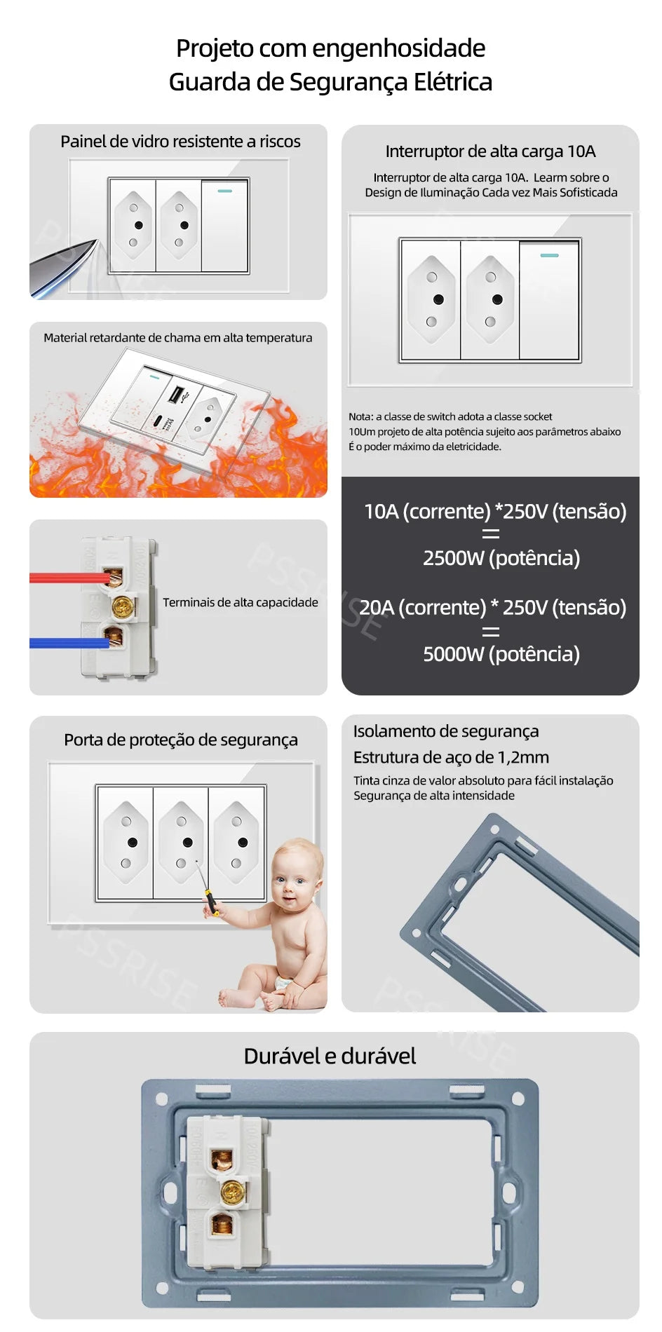 PSSRISE White Tempered Glass Standard sockets and switches brazil Switzerland Usb Type C Wall Socket Light Switch Smart Switch