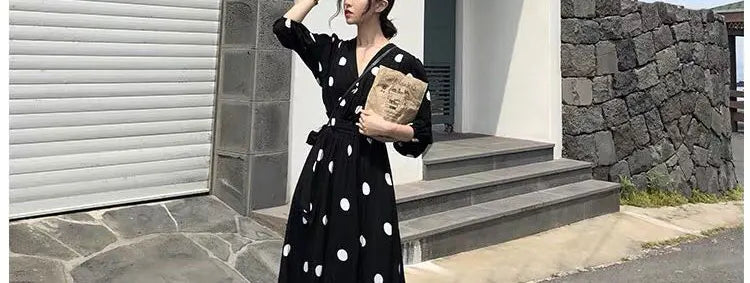 plus Size Polka Dot Chiffon Dr Romantic Slimming Long Skirt V Ne Elastic Waist Summer Faionable Casual Vintage Sle