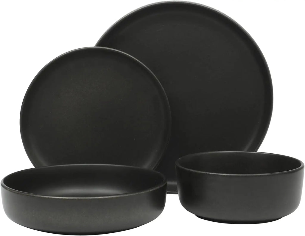 16pc Stoneware Dinnerware Set, Reactive Glaze Plates Bowls, Black
