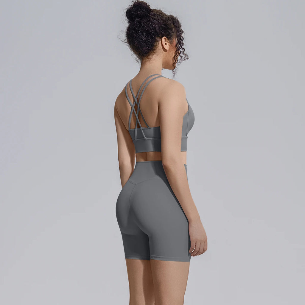2PCS/set Yoga Set Summer Breathable Running Cycling Backless Sports Bra High Waist Peach Buttocks Fitness Shorts Gym Yoga Set
