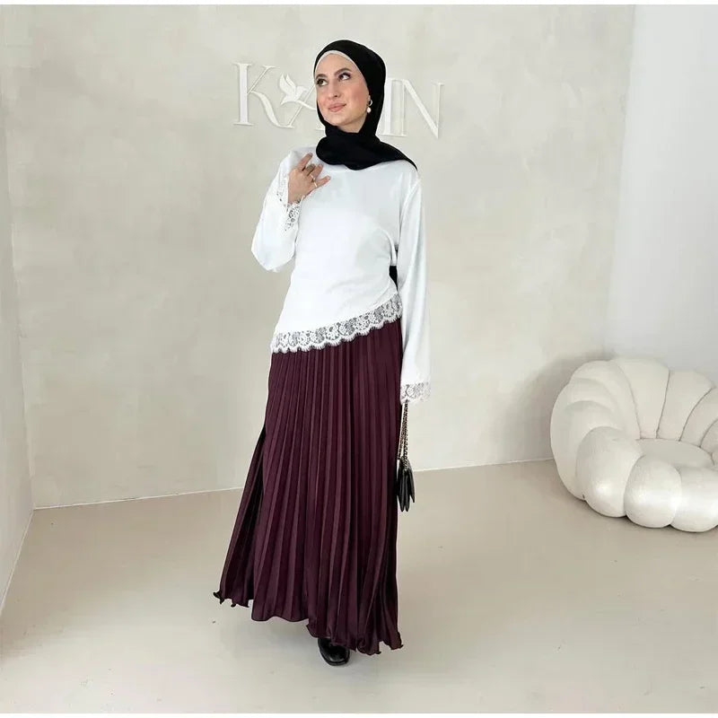 Elegant Satin Lace Patchwork Top Women Casual O-neck Loose Long Sleeves Strappy Female Shirt 2026 Spring Lady Fashion T-shirt