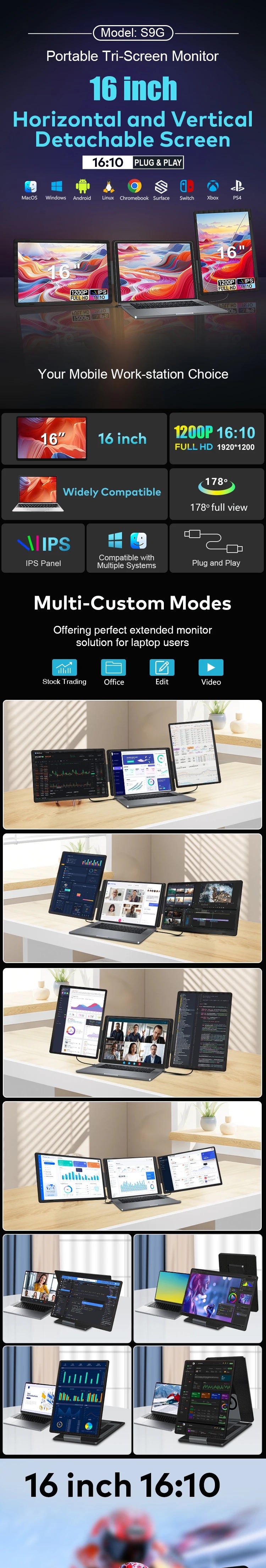 Portable Monitor 16 Inch Detachable Screen Monitor Extender Horizontal & Vertical Laptop Screen Extender for Windows and MacOS