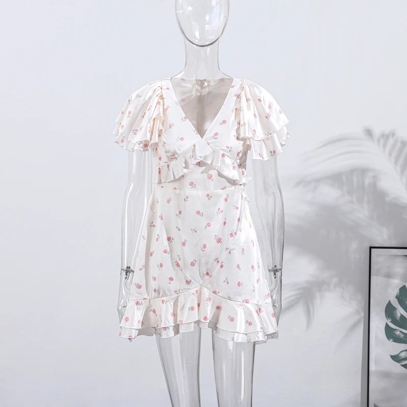 Elegant Floral Print Chiffon Dress Women's Backless Long Sleeve Ruffle Waist Cutout Tiered Dresses 2026 New Lady Party Wear