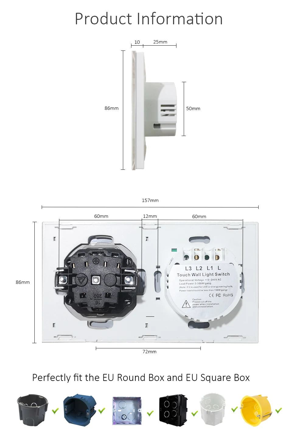 Touch Light Switch With EU Power Wall Sockets White Black 300W Led 1 Gang 1 Way Crystal Glass Panel Interruptor 157mm*86mm