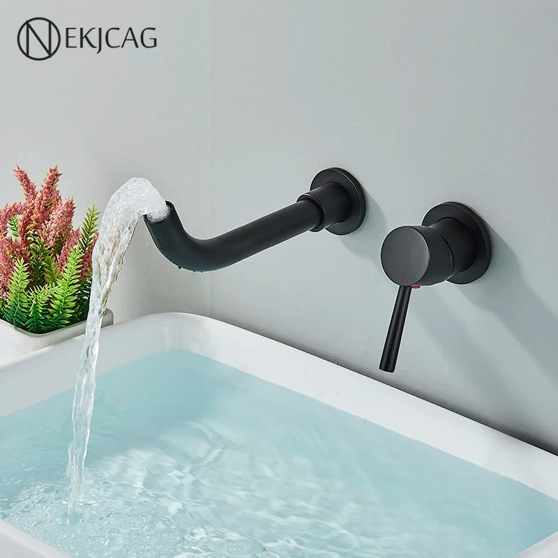 Wall Mounted Wash Basin Faucet Matte Black Bathroom Bathtub Mixer Cold And Hot Single Handle Chrome Tap Integrated