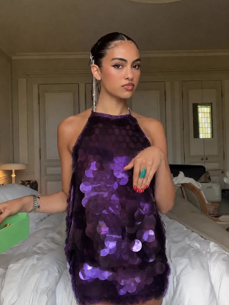 Women's 2026 Light Blue Halter Sequin Dress Sleeveless Loose Large Sequin A-Line Mini Dress Summer Evening Party Shining Gown