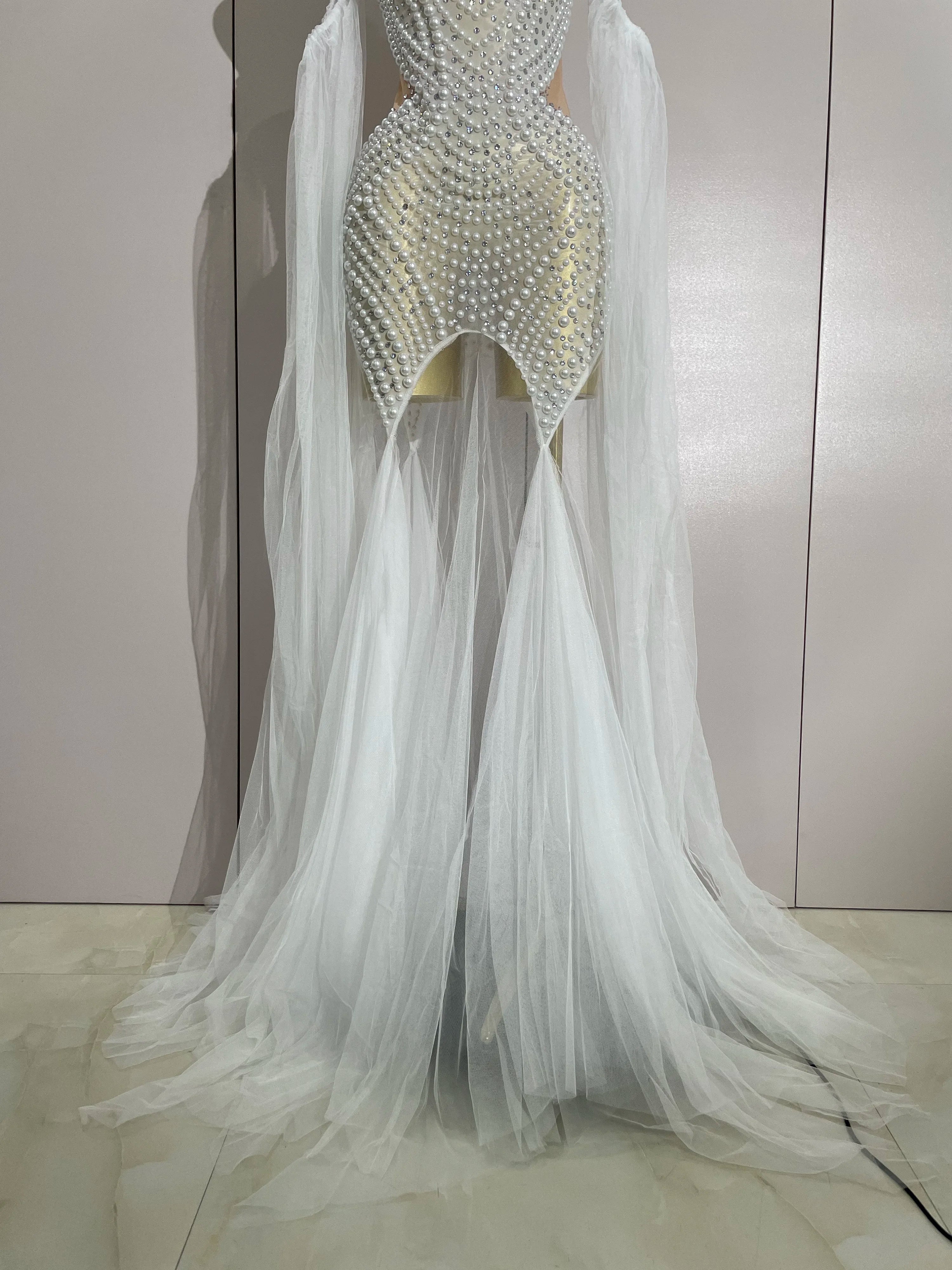 Elegant Sparkly Rhinestone White Pearl Sexy Strapless Mesh Long Dress Wedding Guest Gowns Luxury Birthday Evening Party Dress