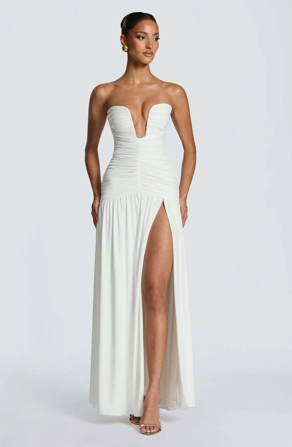 Elegant Lady Solid Maxi Dress Sleeveless Off Shoulder Deep V-neck High Split Pleated Satin Gown 2026 Women New Dinner Party Wear