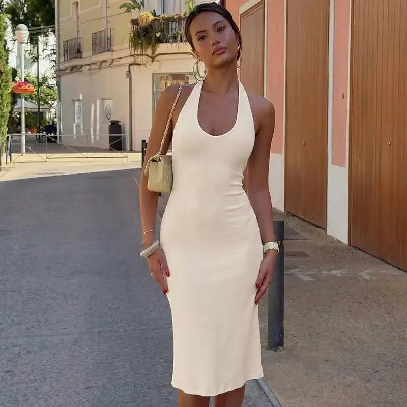 Mozision Women Halter Deep V Neck Midi Dress Sleeveless Backless Bodycon Ruffle Hem Long Dress Elegant Club Party Evening Dress