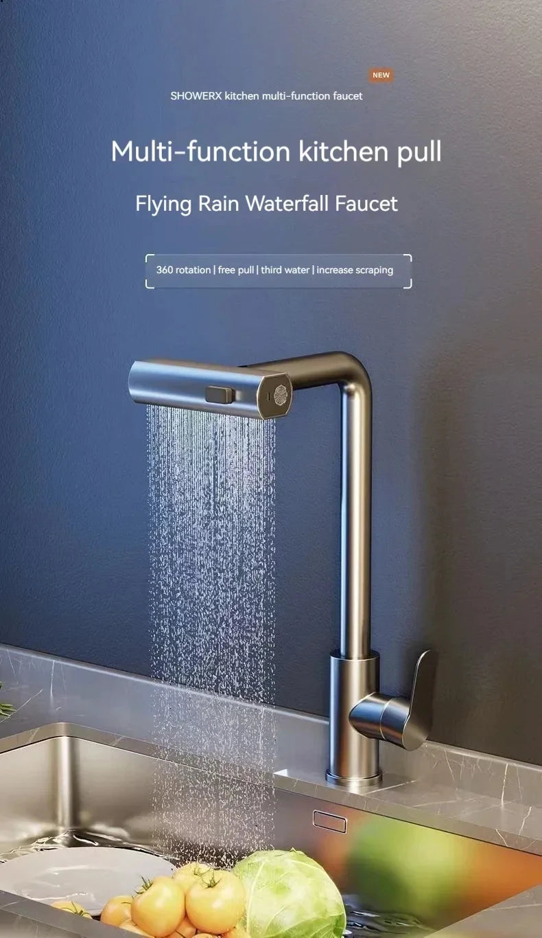 Kitchen Pull-out Flying Rain Waterfall Faucet Hot and Cold Faucet 304 Stainless Steel Single Hole Kitchen Faucet Bathroom